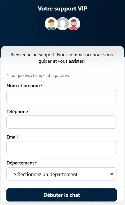 Finestra di chat VIP per l’assistenza giocatori BIG Casino con form di contatto da compilare prima di iniziare la chat